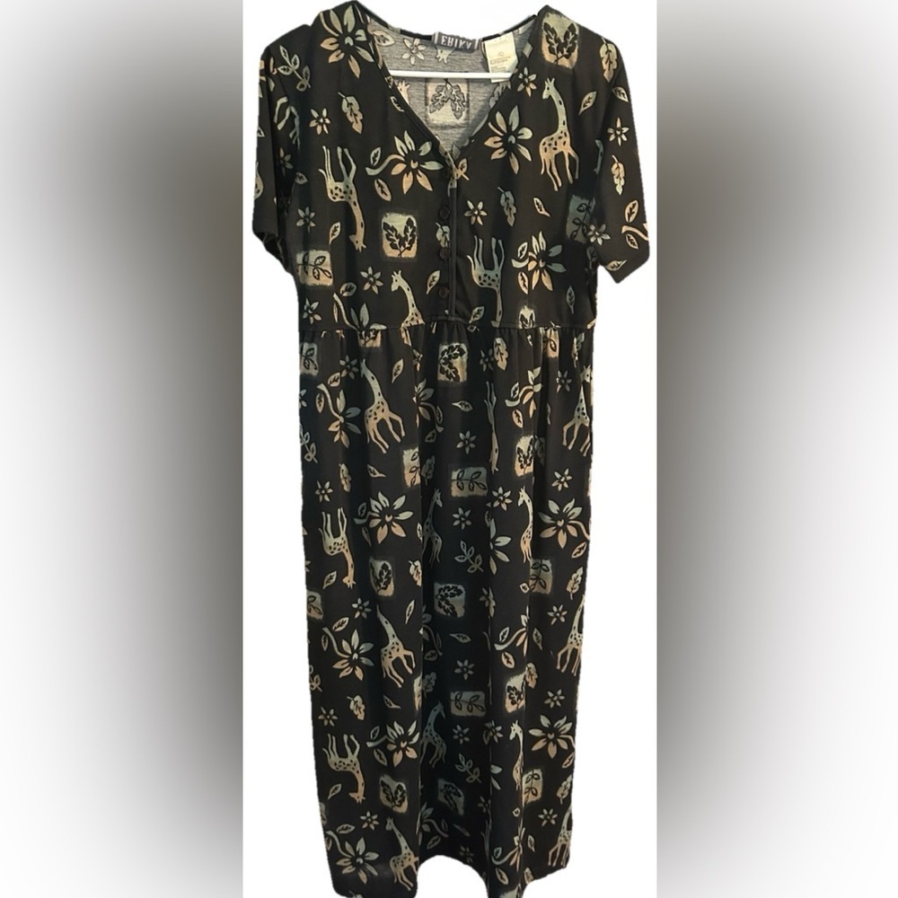 Vintage Erika Giraffe Print Midi‎ Dress Black Gold Quirky Artsy - Picture 3 of 7